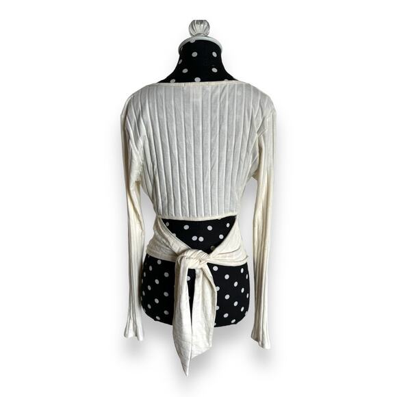 RSQ Womens Top Sz L Cream Open Tie Back Cropped Top Crop Ribbed Long Sleeve - Picture 7 of 10